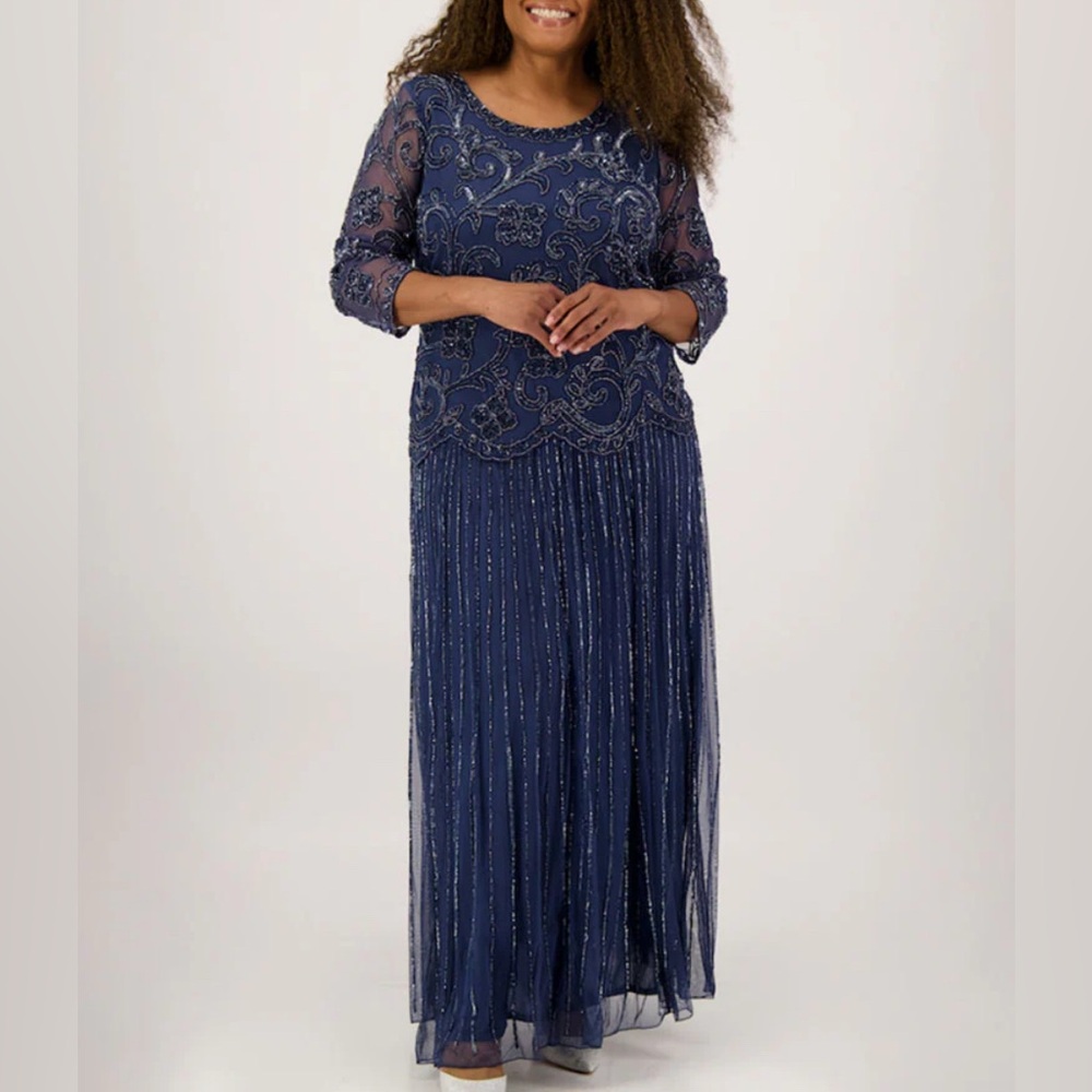 Pisarro Nights Navy Beaded Long Sleeve Evening Gown